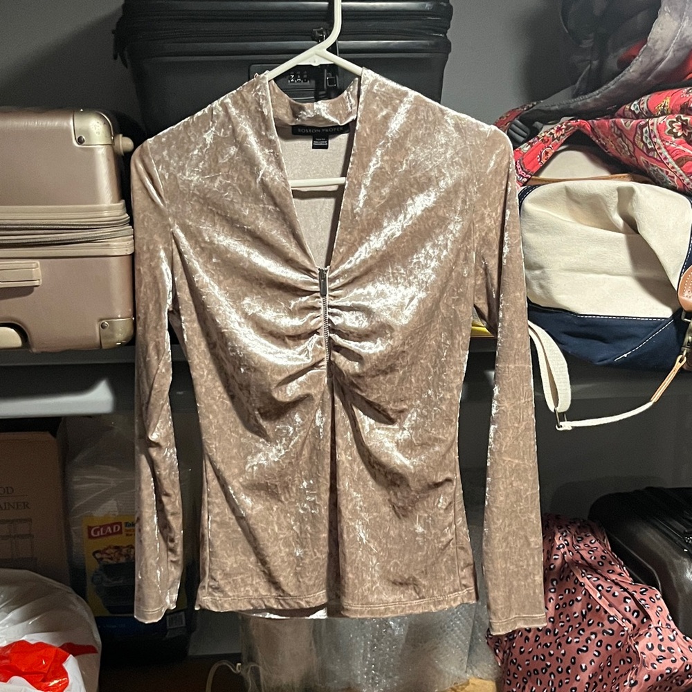 Boston Proper Cream Beige Taupe Pink Velvet Zip Collar Long Sleeve Blouse XS